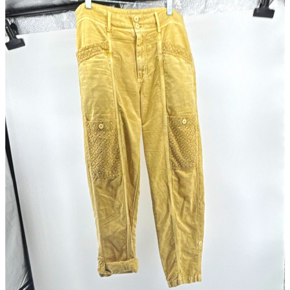 Sundance yellow Linen Cotton Lace Accent Flat Front Straight Leg Pants Size 6